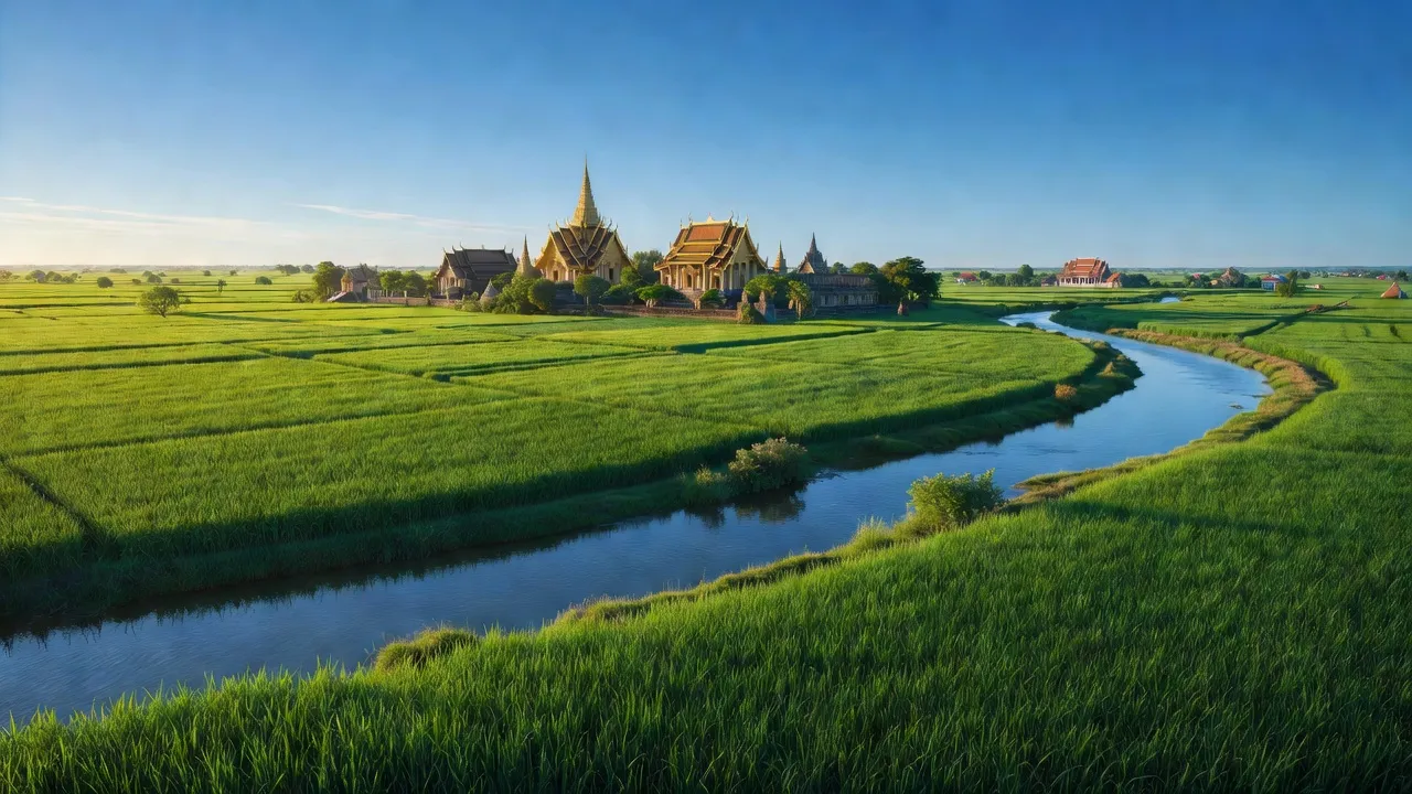 Khung cảnh huyện Trà Cú, tỉnh Trà Vinh với cánh đồng xanh, chùa Khmer và sông Hậu.