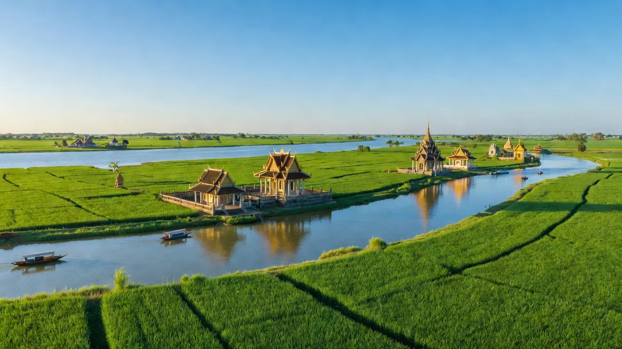 Khung cảnh huyện Trà Cú, Trà Vinh với đồng xanh và chùa Khmer truyền thống.