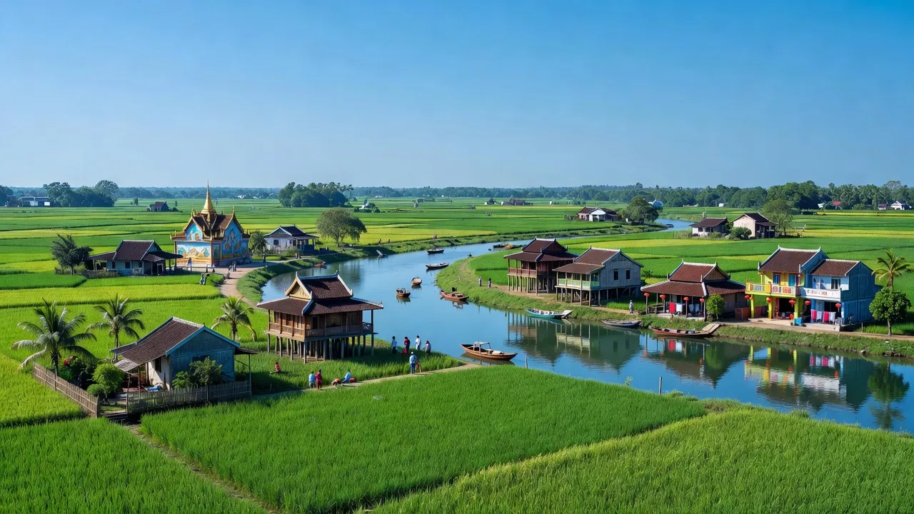 Khung cảnh thiên nhiên Trà Vinh với đồng lúa, sông và văn hóa dân tộc đa dạng.