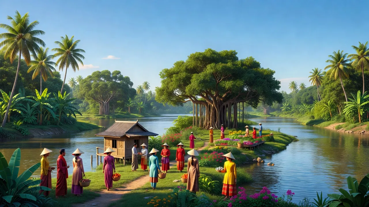 Khung cảnh tỉnh Trà Vinh với sông Cổ Chiên và sự đa dạng văn hóa địa phương, cây xanh.