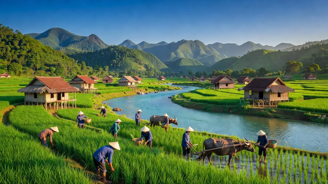 Huyện Chiêm Hóa, Tuyên Quang với cảnh sắc thiên nhiên, đồi núi và đồng ruộng xanh tươi.