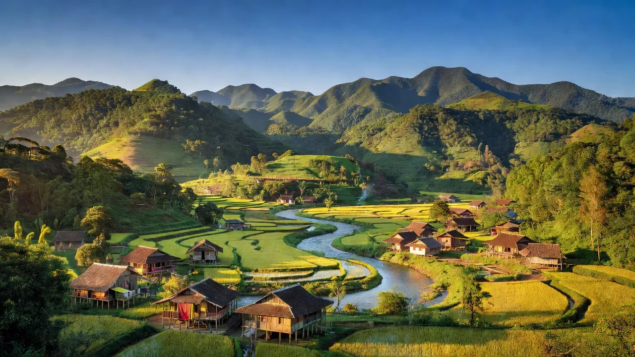 Quang cảnh huyện Chiêm Hóa, Tuyên Quang với núi rừng xanh và làng quê truyền thống.