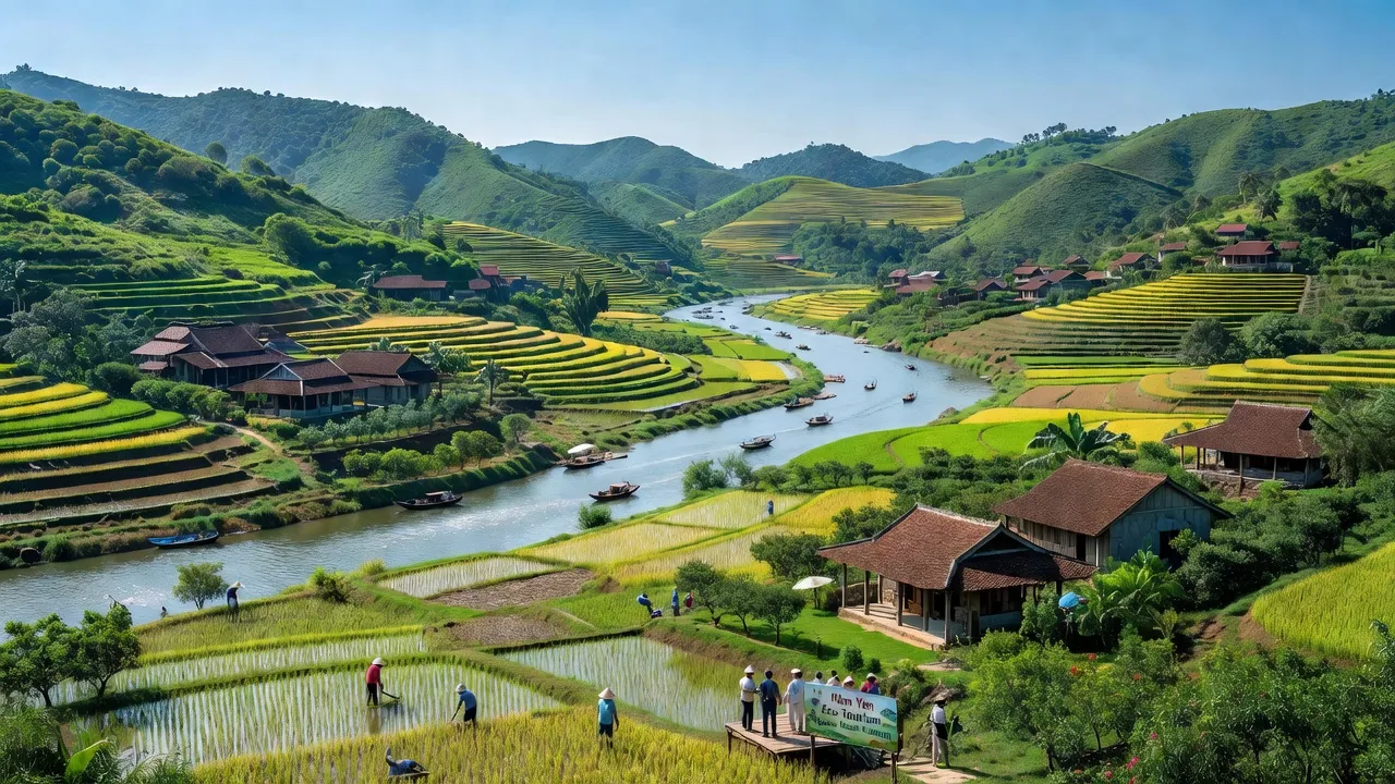 Huyện Hàm Yên, Tuyên Quang với cảnh quan xanh tươi và dòng sông Lô tuyệt đẹp.