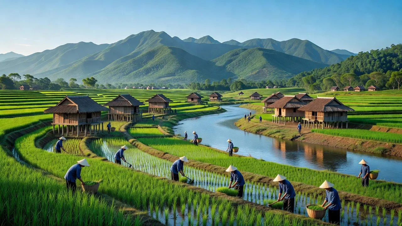 Khung cảnh huyện Hàm Yên, Tuyên Quang với các cánh đồng xanh và dòng sông Lô.