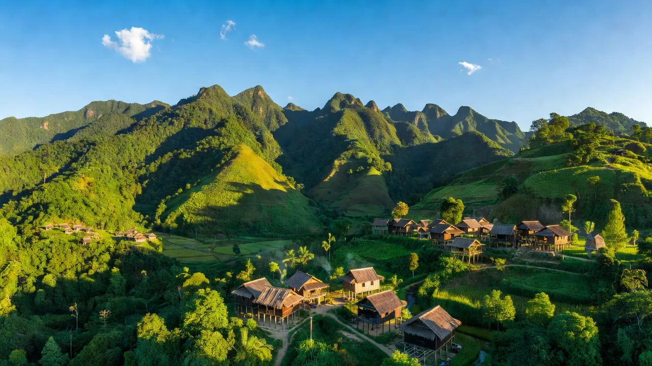 Cảnh quan Lâm Bình, Tuyên Quang, thể hiện núi non, rừng xanh và bản sắc dân tộc thiểu số.
