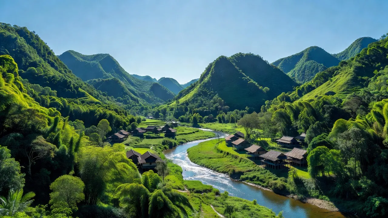 Khung cảnh huyện Na Hang, Tuyên Quang với núi xanh, sông uốn khúc và nhà truyền thống Việt Nam.