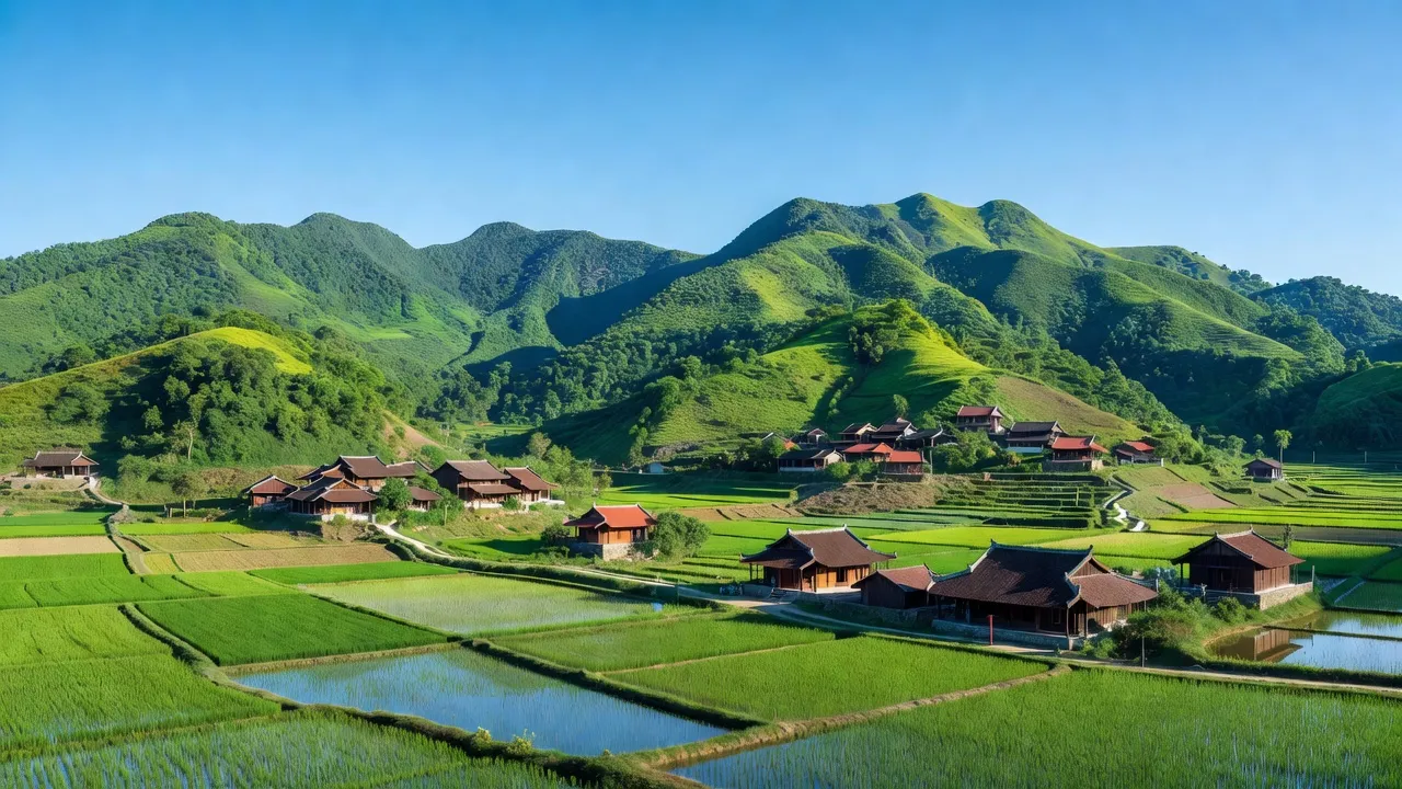 Khung cảnh huyện Sơn Dương, tỉnh Tuyên Quang với núi xanh, nhà truyền thống, và đồng ruộng