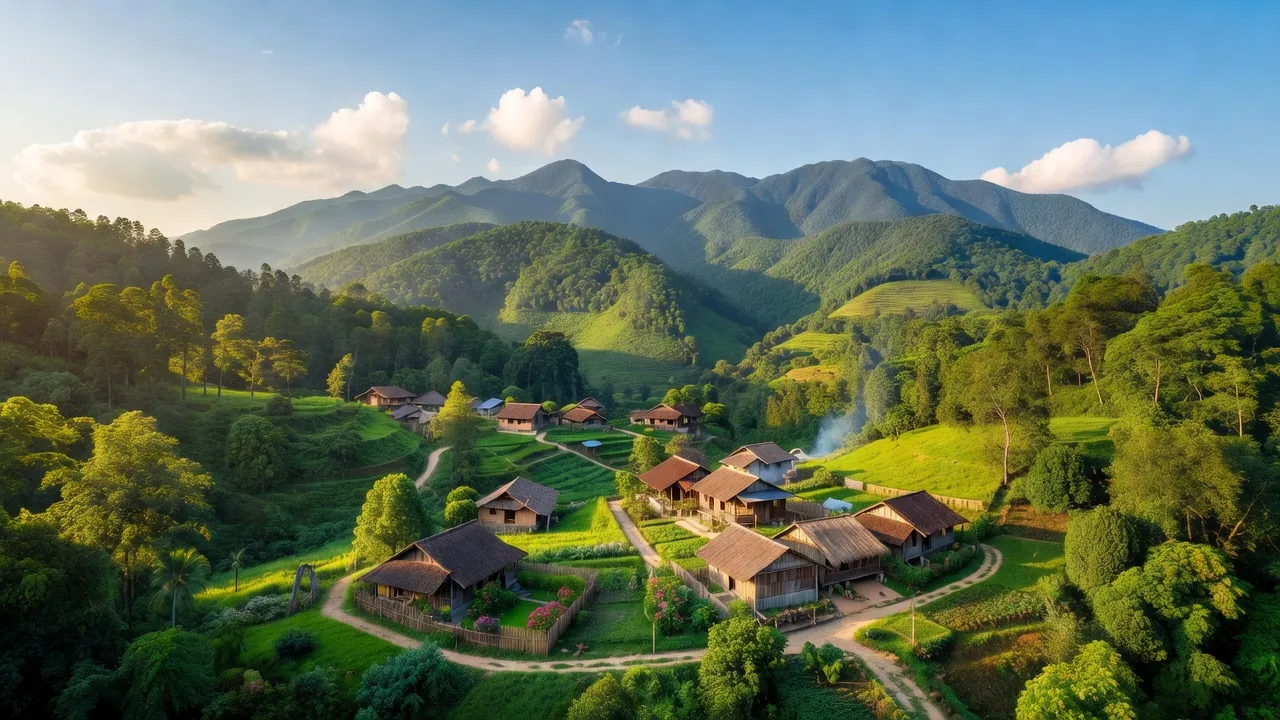 Khung cảnh huyện Sơn Dương, Tuyên Quang với núi non xanh tươi và làng quê truyền thống.