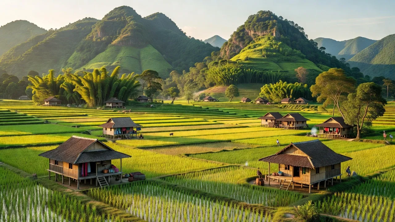 Cảnh quan huyện Yên Sơn, Tuyên Quang với núi đồi, cánh đồng xanh rì và nhà cửa truyền thống.