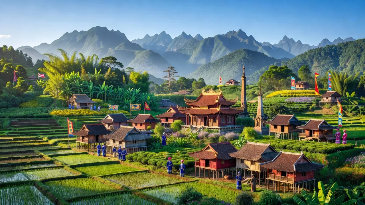 Khung cảnh tỉnh Tuyên Quang với núi non, đồng bằng và bản sắc văn hóa đa dạng của 22 dân tộc.