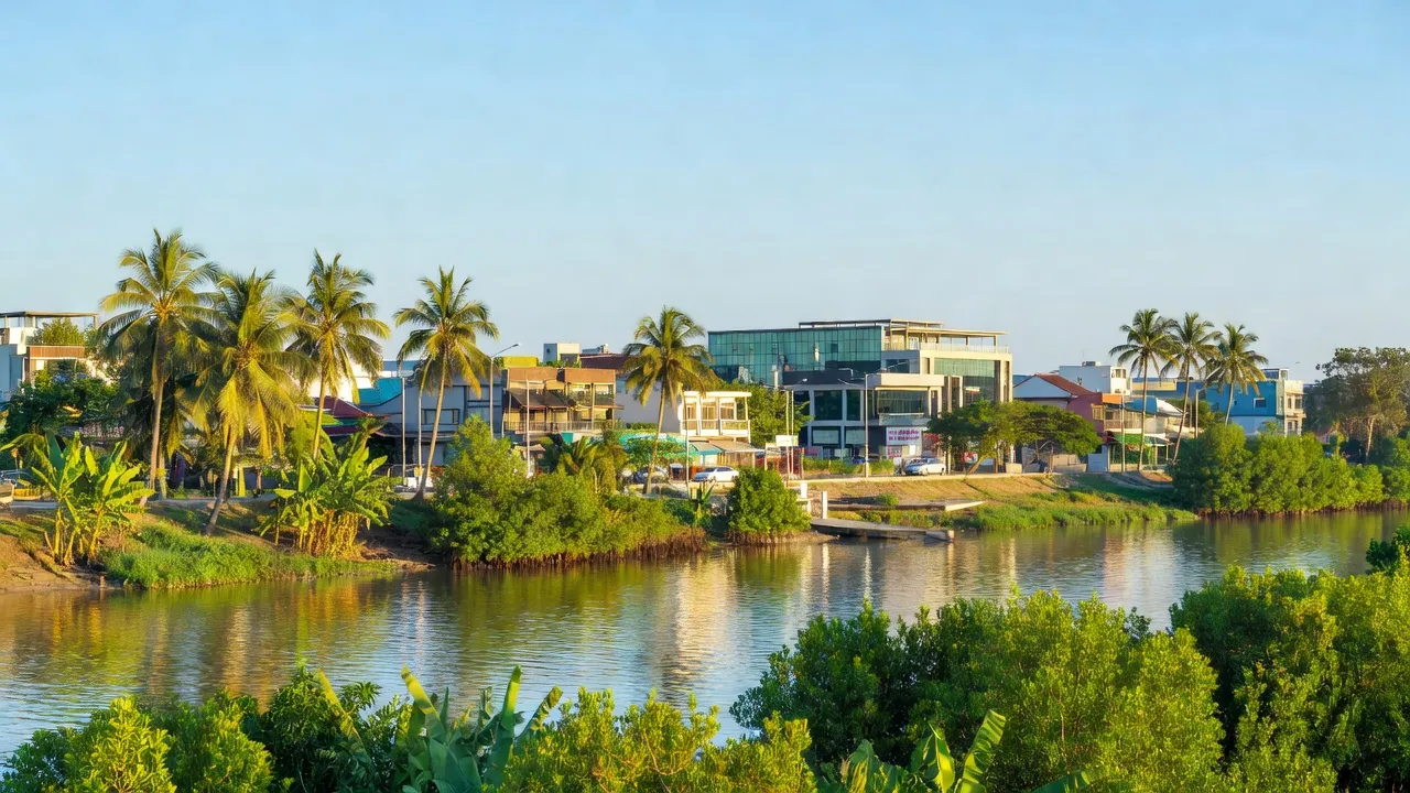 Cảnh đẹp thị xã Bình Minh, tỉnh Vĩnh Long, sông Hậu và sự phát triển đô thị.