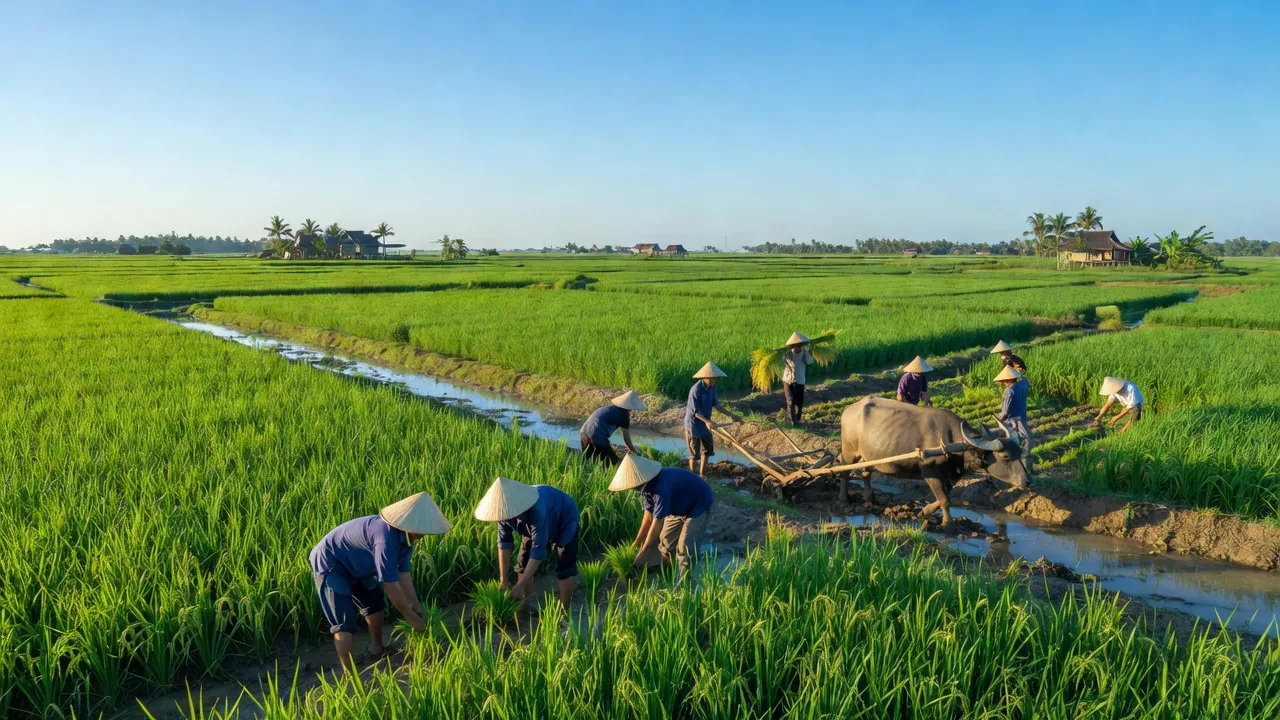 Bình Tân, Vĩnh Long - lush rice fields, local farmers, agricultural richness, vibrant community life.