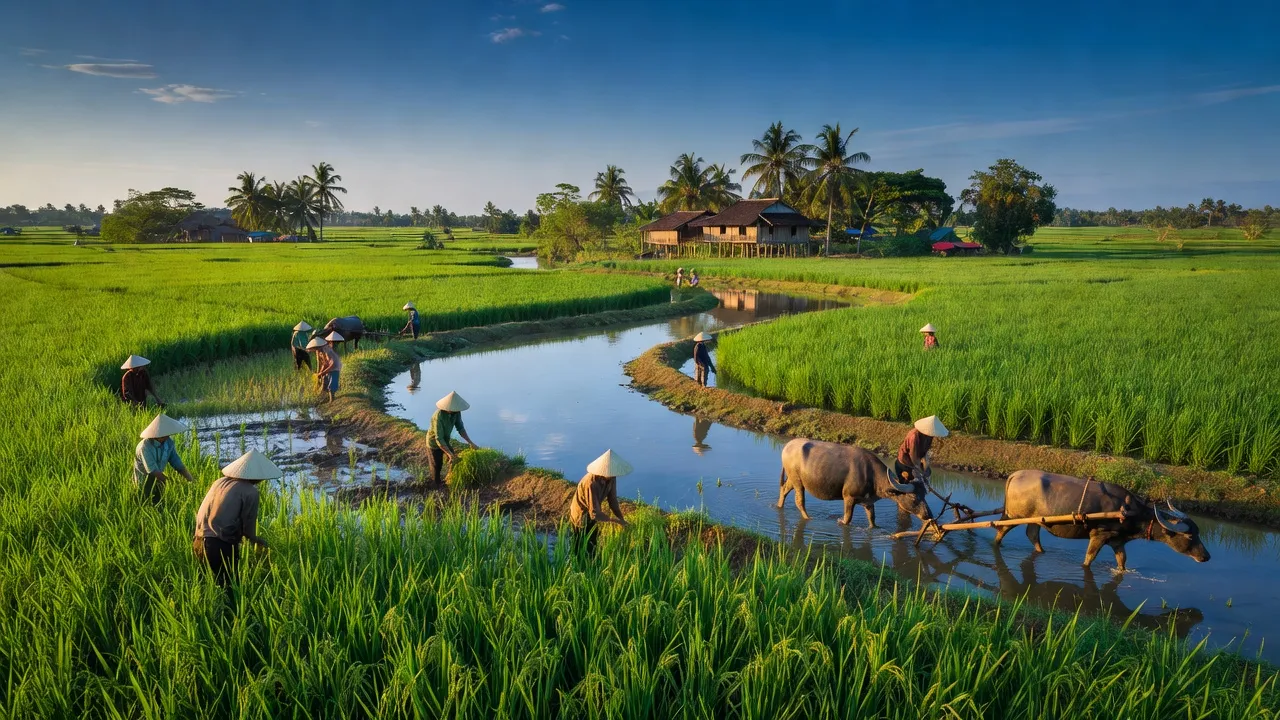 Cảnh quan huyện Bình Tân, Vĩnh Long với cánh đồng xanh và dòng sông, sinh kế nông nghiệp địa phương.