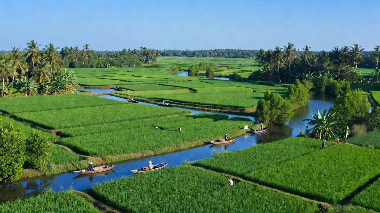 Cảnh quan huyện Long Hồ, tỉnh Vĩnh Long với đồng xanh và kênh rạch, thể hiện vẻ đẹp thiên nhiên và du lịch.
