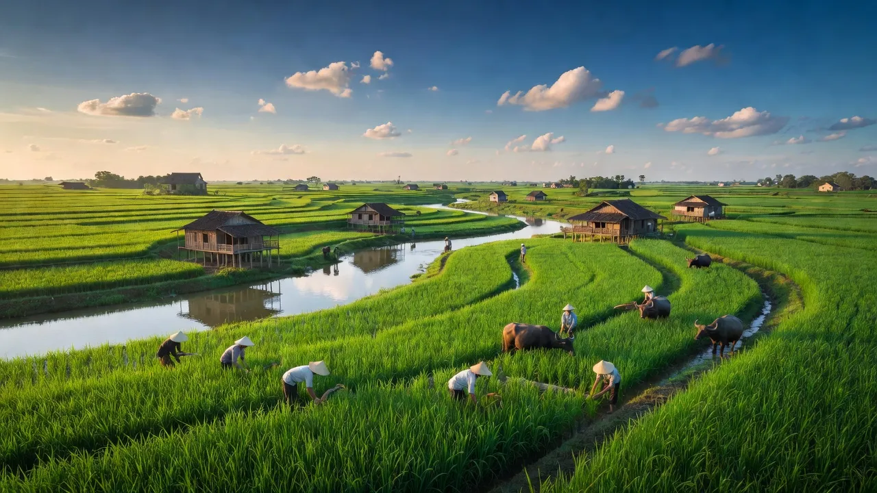 Khung cảnh huyện Long Hồ, tỉnh Vĩnh Long với ruộng lúa xanh và dòng sông thanh bình.