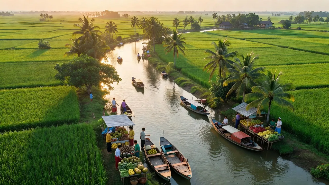 Huyện Mang Thít, Vĩnh Long với cánh đồng xanh và dòng sông Cổ Chiên, khung cảnh giao thương thôn quê.
