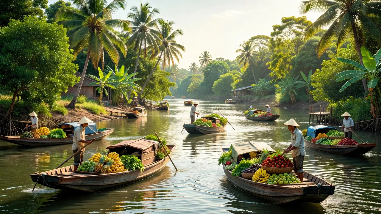 Huyện Mang Thít, Vĩnh Long với cảnh sông nước, cây xanh và thuyền chở nông sản, tạo không khí sống động.