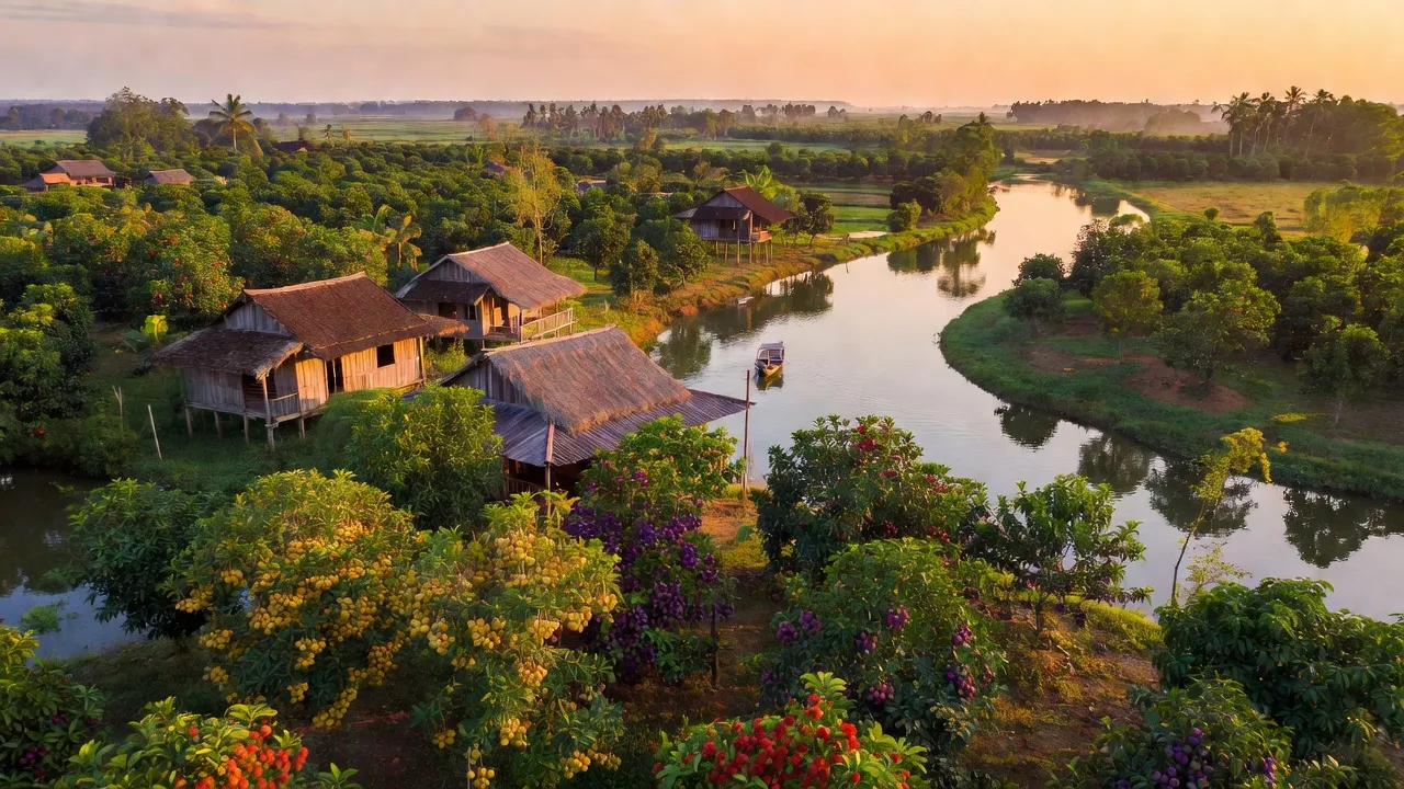 Khung cảnh huyện Tam Bình, Vĩnh Long với vườn cây ăn trái trù phú và sông nước yên bình.