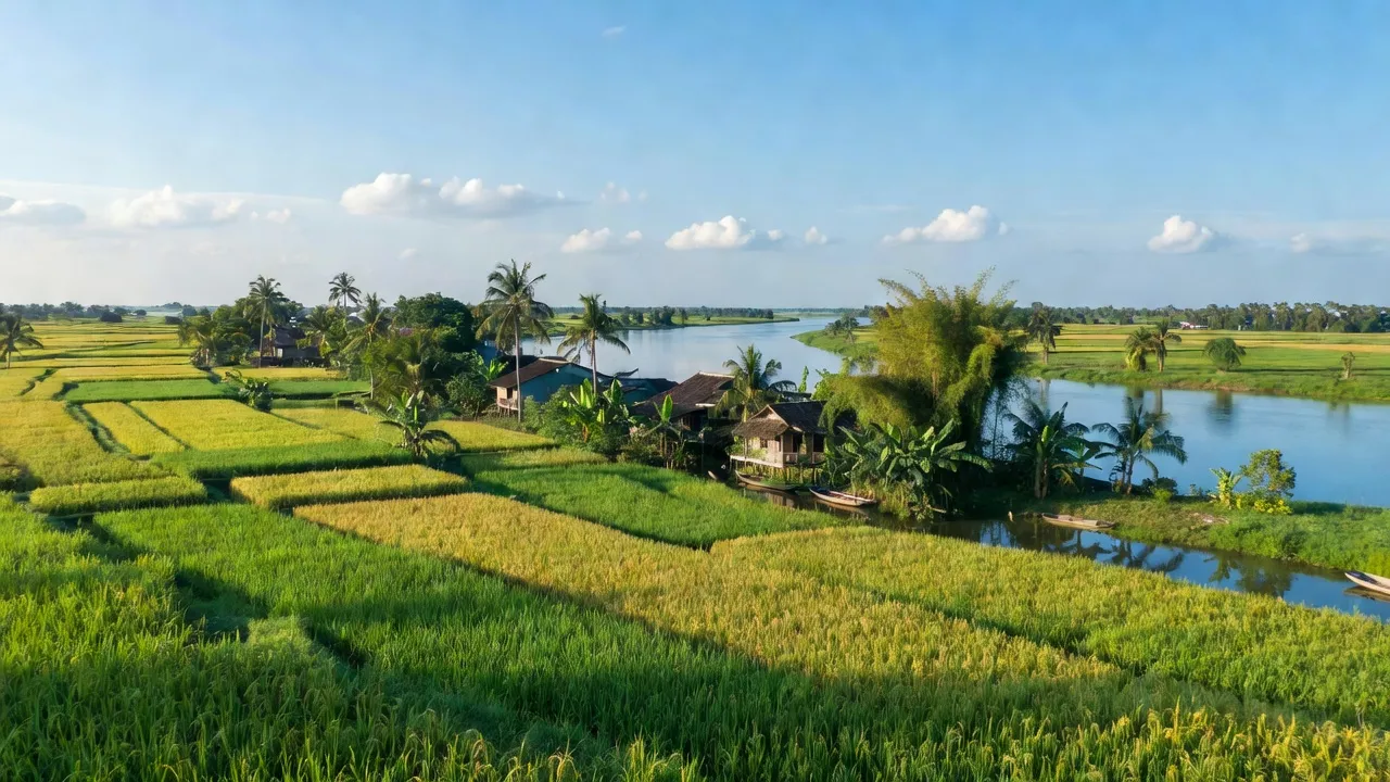 Khung cảnh Huyện Trà Ôn bên sông Hậu, cảnh sắc thiên nhiên và cuộc sống nông thôn Việt Nam.