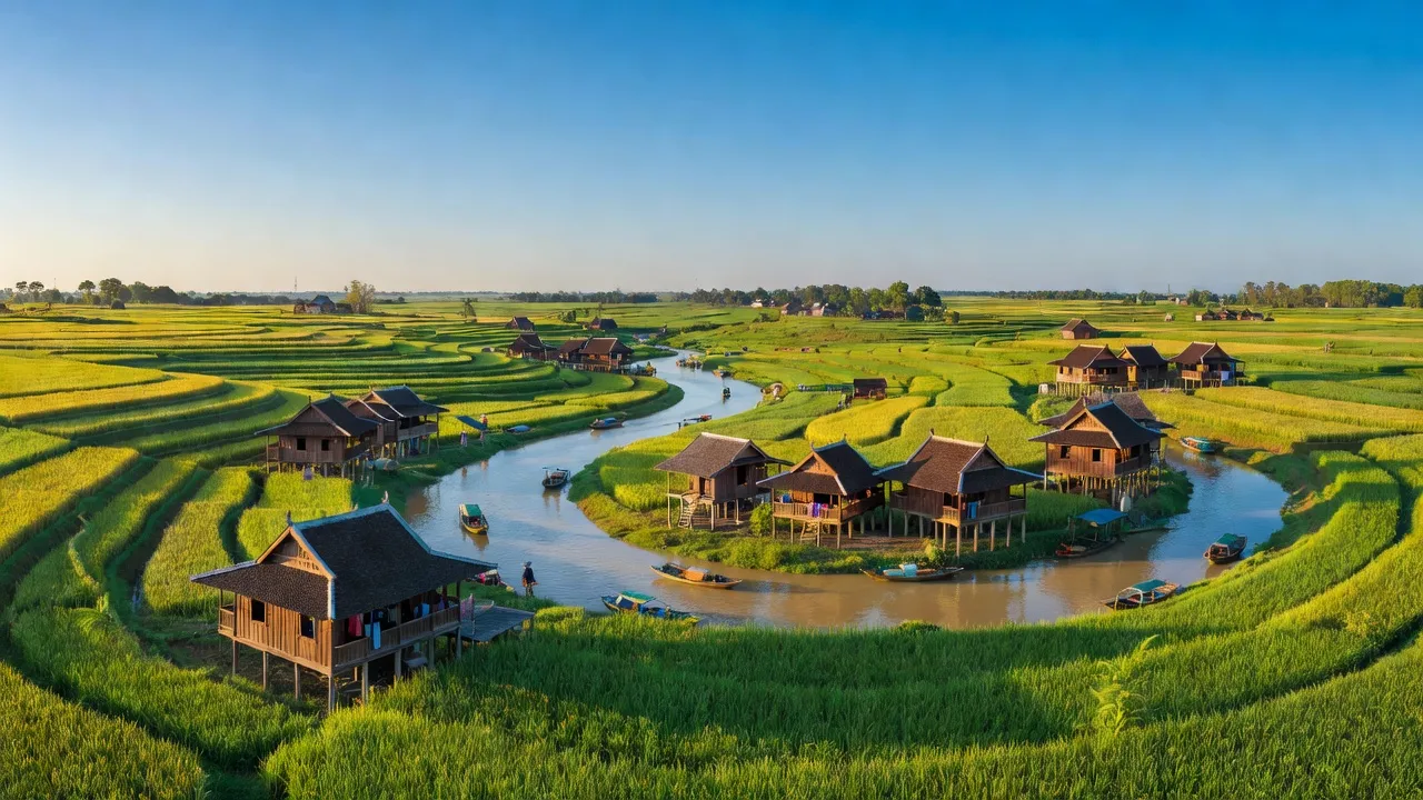 Cảnh quan huyện Vũng Liêm, tỉnh Vĩnh Long với cánh đồng xanh và nhà truyền thống.