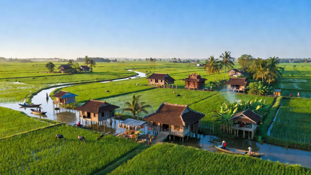 Khung cảnh huyện Vũng Liêm, Vĩnh Long với cánh đồng xanh và nhà cửa truyền thống.