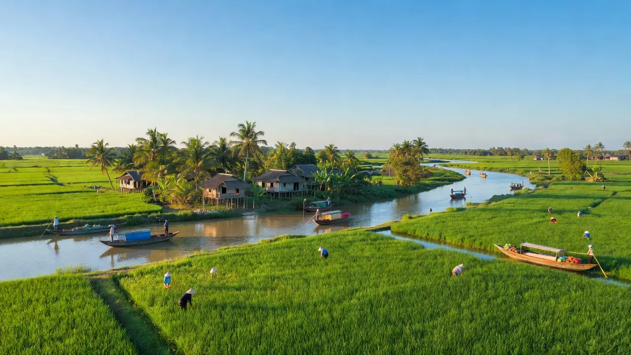 Cảnh đẹp tỉnh Vĩnh Long với sông, làng quê và bầu trời xanh, đặc trưng Đồng bằng sông Cửu Long.