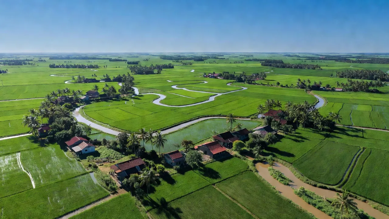 Vĩnh Long province landscape with rice fields and rivers, showcasing its natural beauty and agricultural lifestyle.
