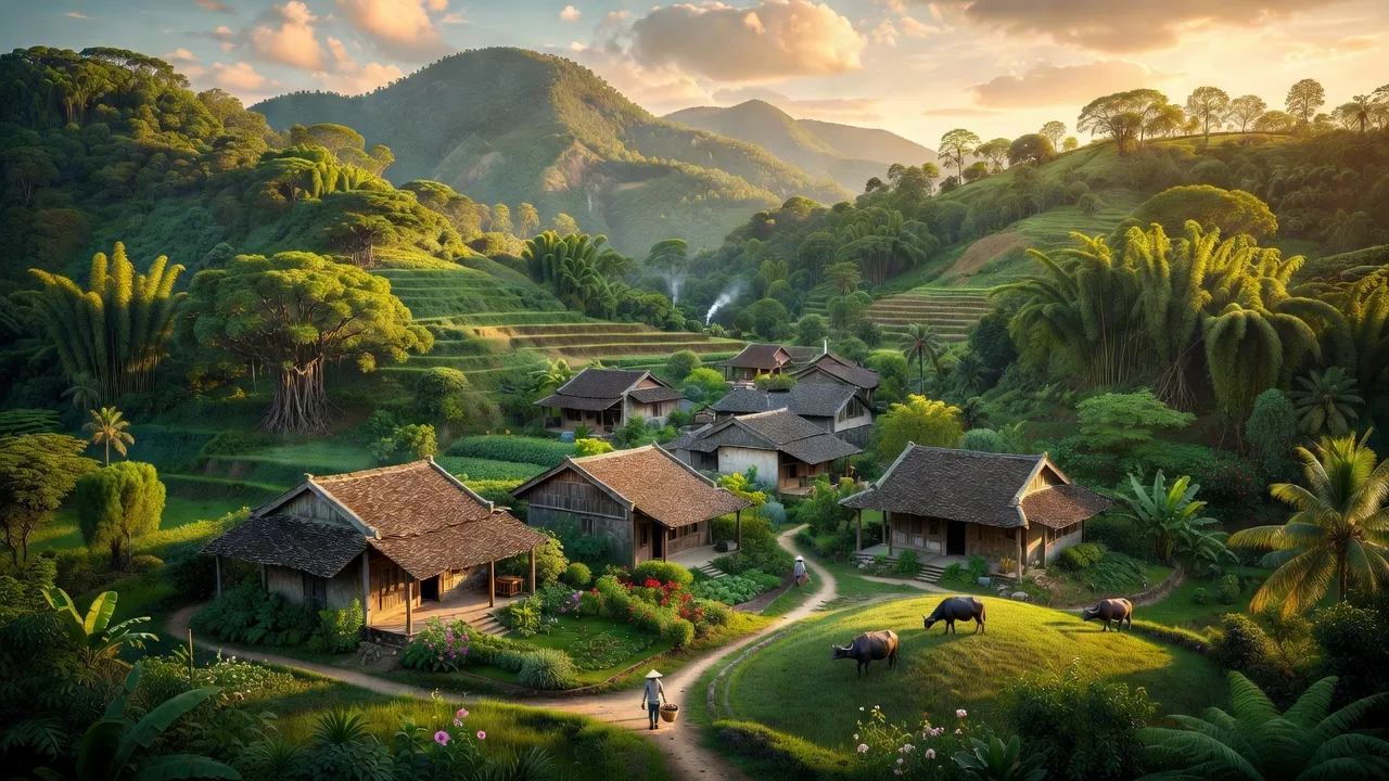 Khung cảnh huyện Lập Thạch, Vĩnh Phúc, với địa hình đồi núi và cây cối xanh tươi.