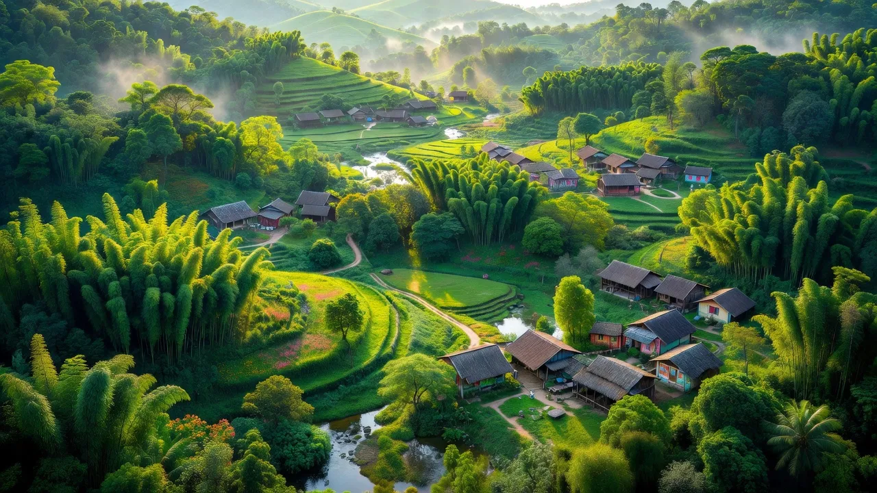 Phong cảnh huyện Lập Thạch, Vĩnh Phúc với đồi núi xanh mướt và làng truyền thống Việt Nam.