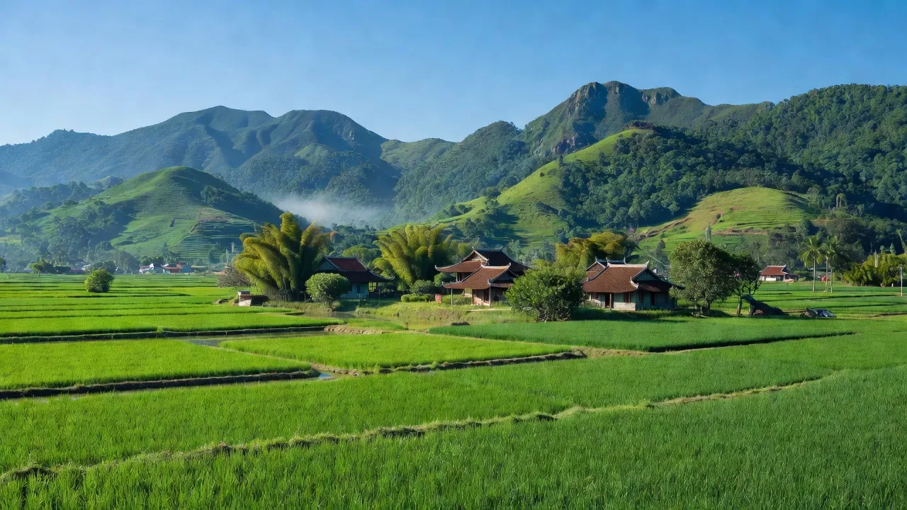 Phong cảnh huyện Sông Lô, tỉnh Vĩnh Phúc với núi non xanh mát và kiến trúc truyền thống.