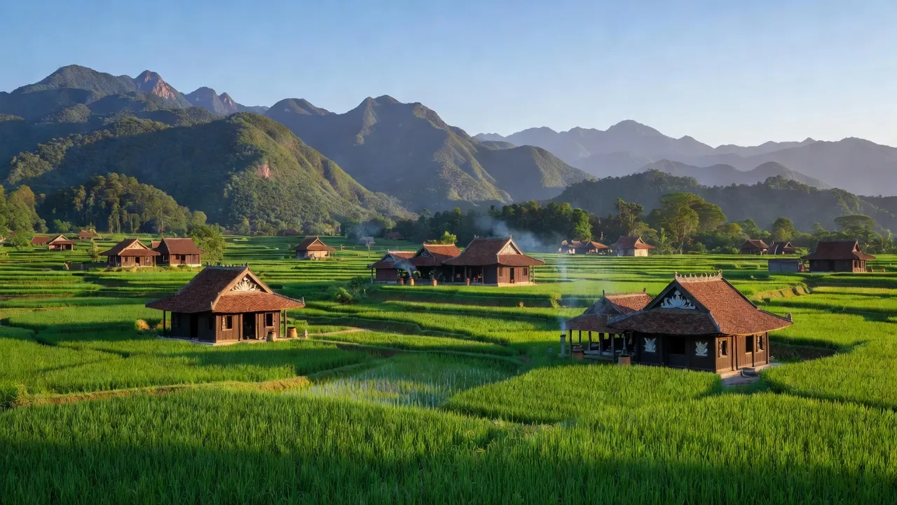 Cảnh quan huyện Tam Dương, Vĩnh Phúc với đồng ruộng xanh và nhà truyền thống Việt Nam.