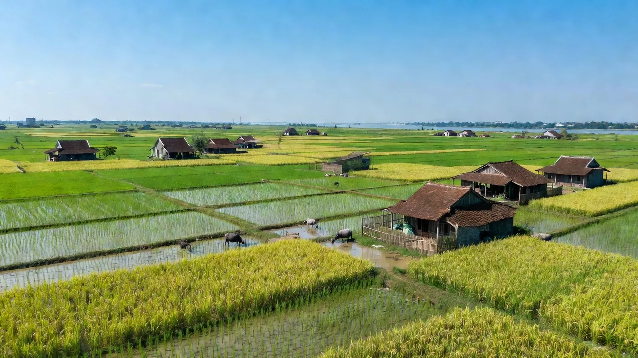 Khung cảnh huyện Yên Lạc, Vĩnh Phúc với đồng lúa và nhà truyền thống bên bầu trời xanh.