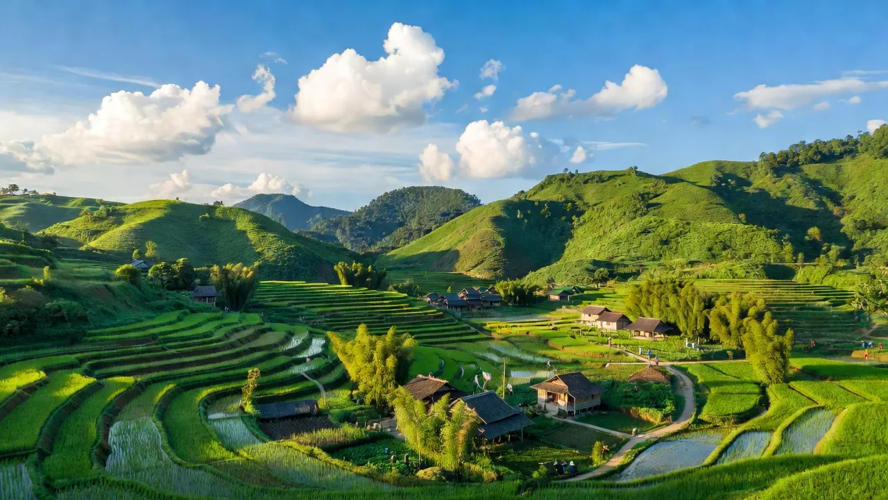 Cảnh đẹp huyện Lục Yên, Yên Bái với ruộng bậc thang, đồi xanh và làng quê, mang hơi thở thiên nhiên.