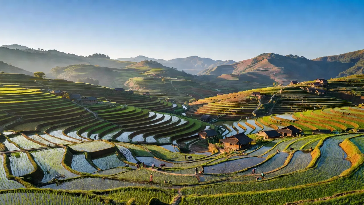 Cảnh đẹp huyện Mù Căng Chải, tỉnh Yên Bái với ruộng bậc thang và đồi xanh, thể hiện vẻ đẹp thiên nhiên.