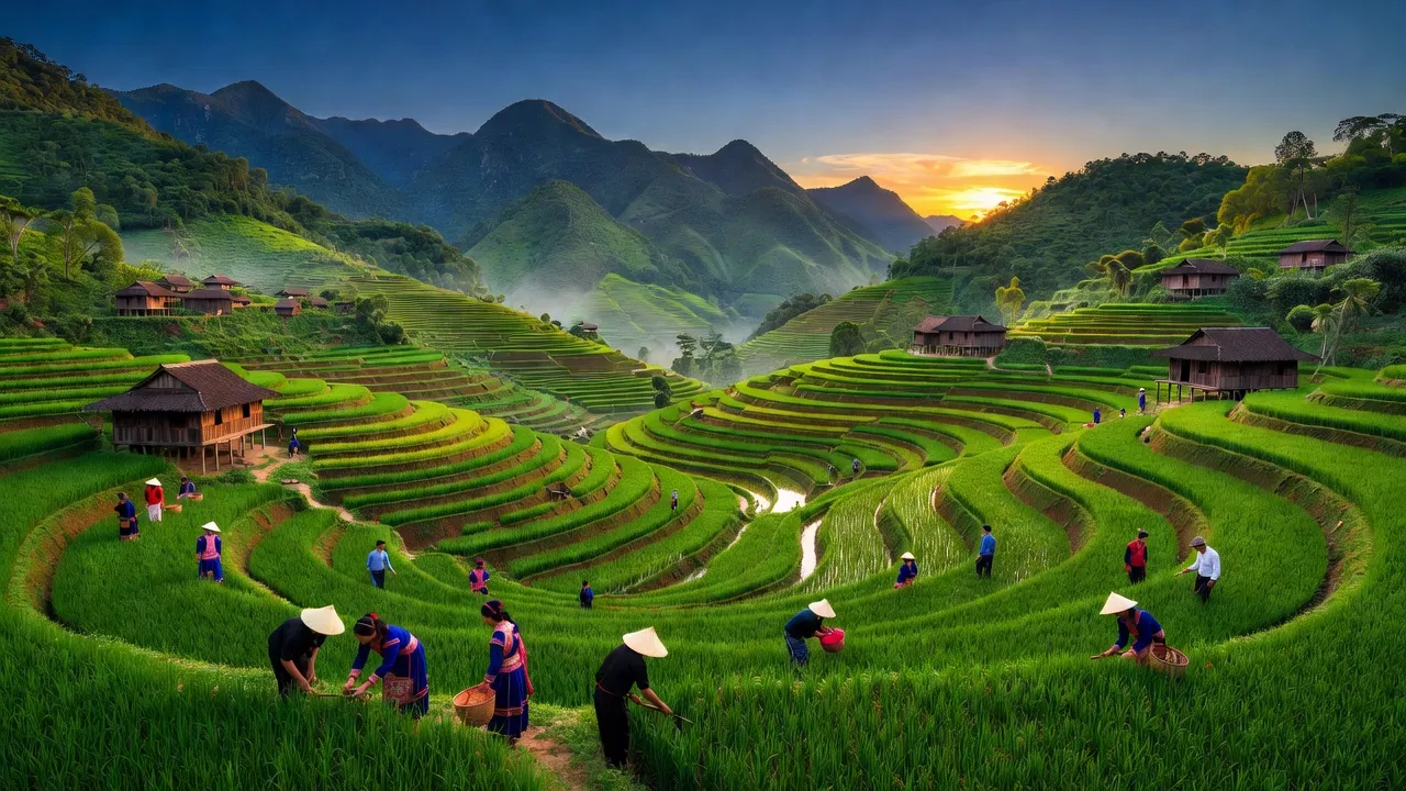 Cảnh quan huyện Mù Căng Chải, Yên Bái với ruộng bậc thang và núi non xanh ngát.