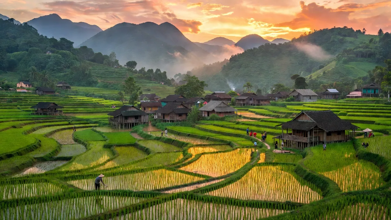 Nghĩa Lộ town in Yên Bái with lush mountains and rice fields, highlighting local culture and scenery.