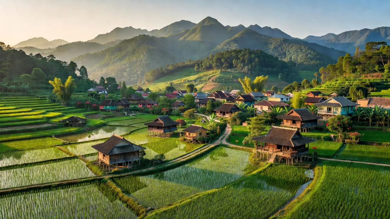 Nghĩa Lộ, Yên Bái with rice fields, mountains, and local architecture, depicting regional culture and natural beauty.