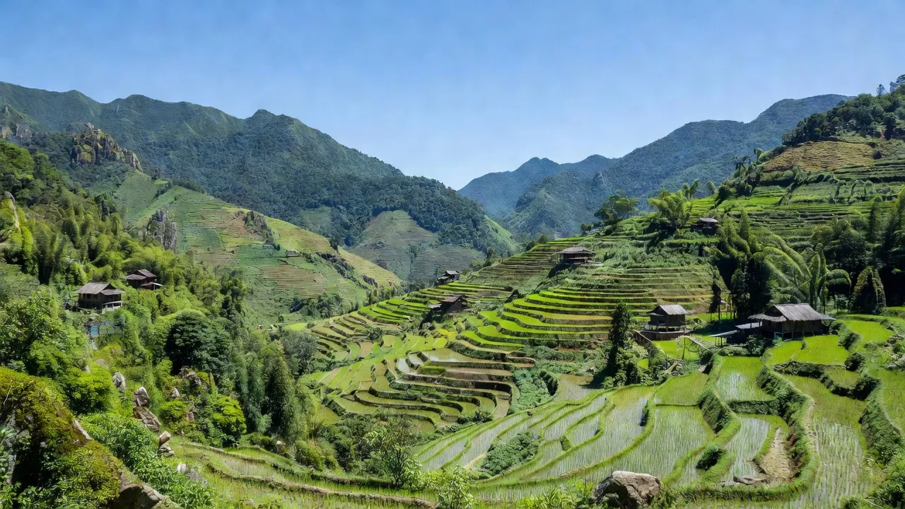 Khung cảnh núi non huyện Trạm Tấu, Yên Bái với ruộng bậc thang và nhà gỗ truyền thống.