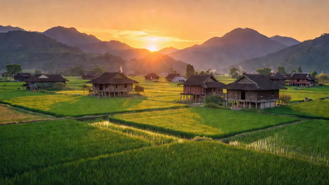 Cảnh quan huyện Trấn Yên, Yên Bái với cánh đồng xanh tươi và nhà truyền thống.