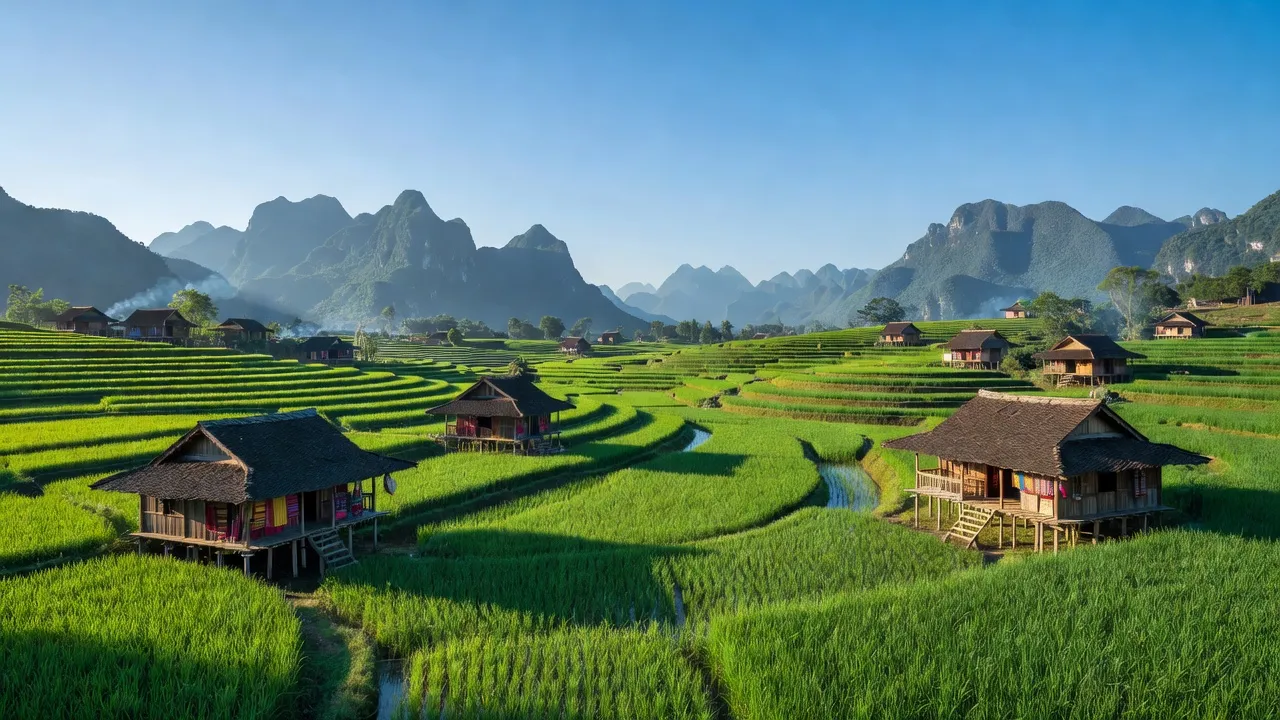 Cảnh sắc thiên nhiên huyện Trấn Yên, tỉnh Yên Bái với ruộng bậc thang và núi non hùng vĩ.