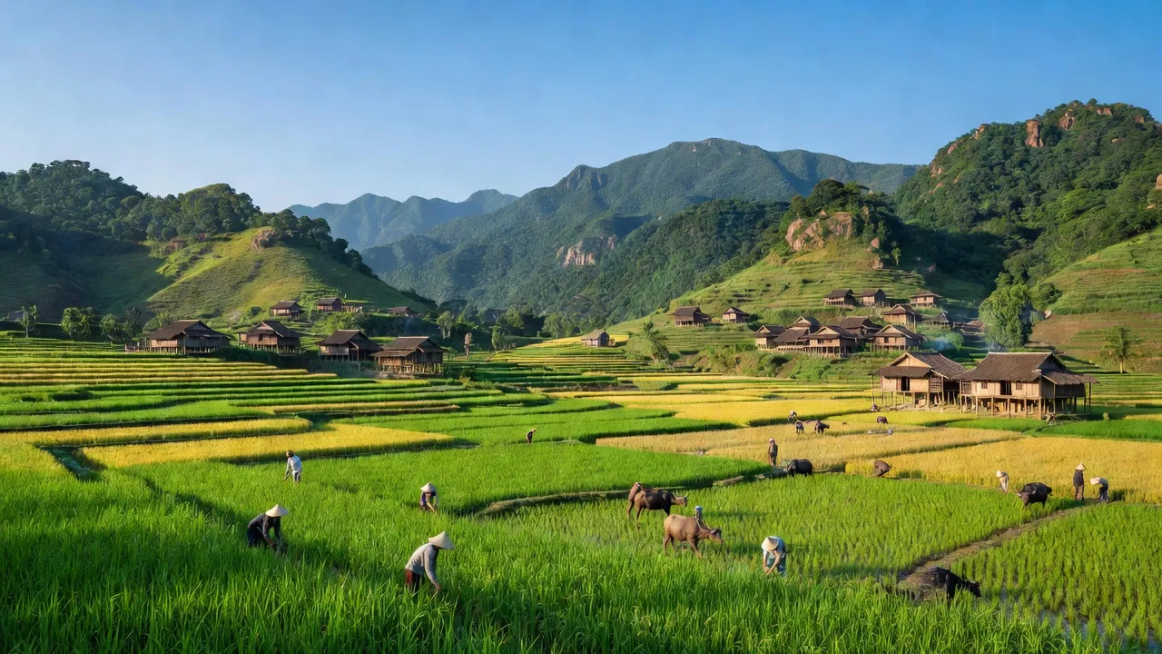 Khung cảnh đẹp huyện Văn Yên, Yên Bái với đồng ruộng và núi non hùng vĩ.
