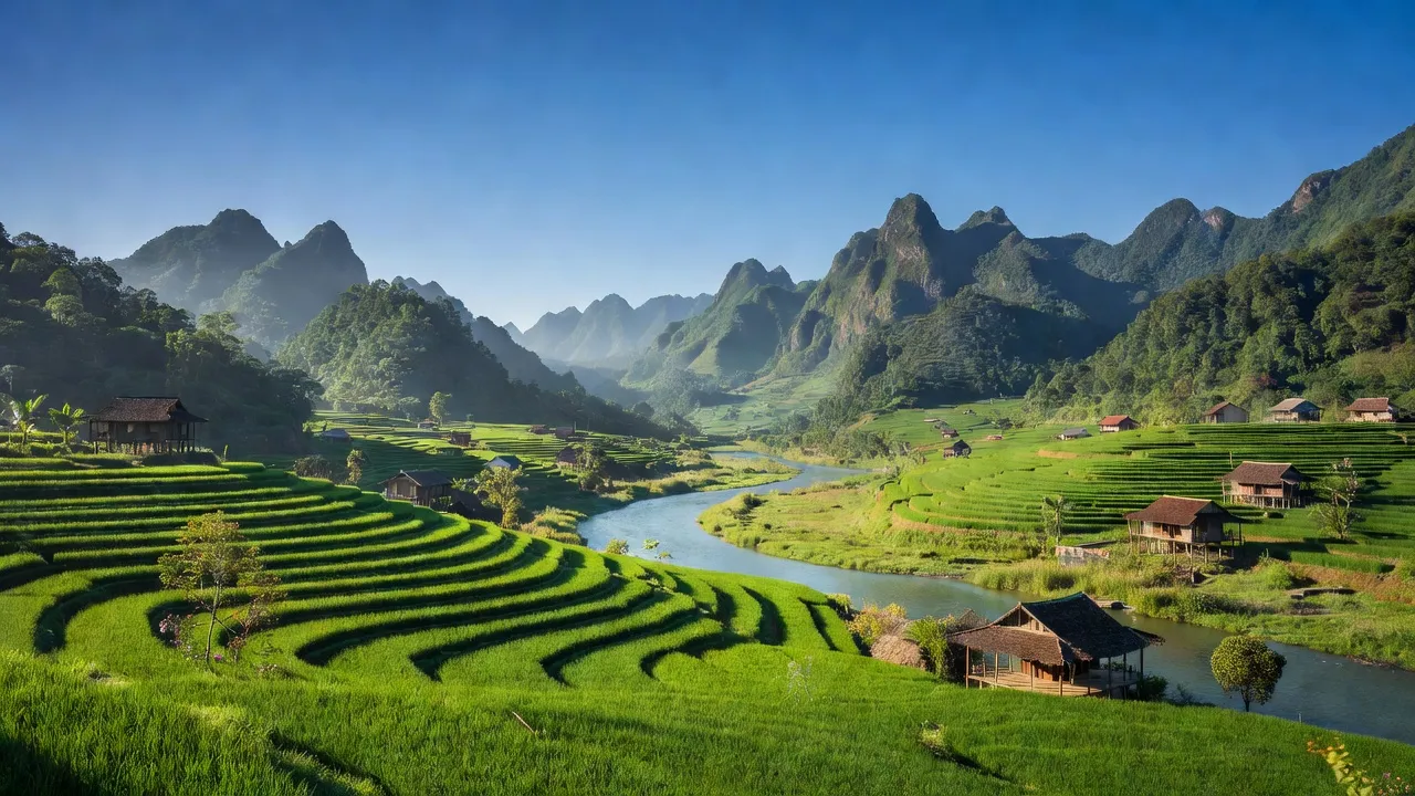 Khung cảnh huyện Văn Yên, tỉnh Yên Bái với cảnh quan nông nghiệp và đồi núi xanh tươi.